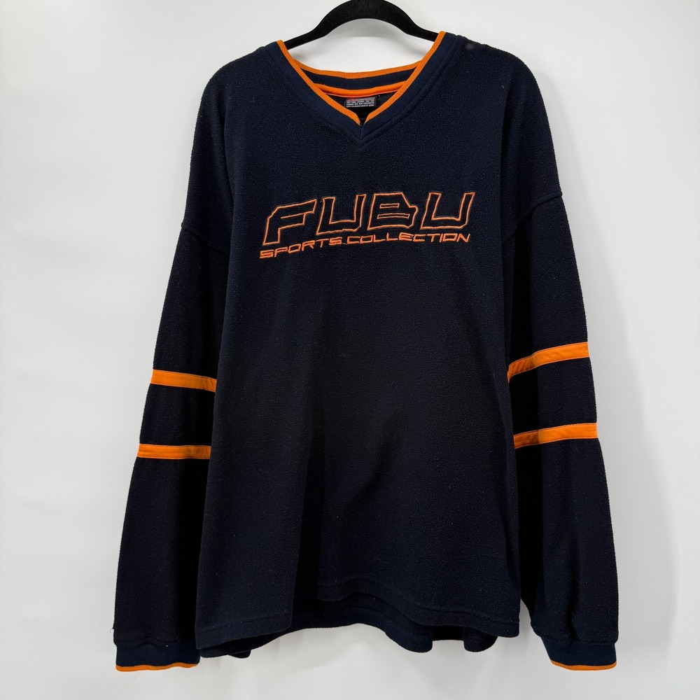 FUBU Mens 2XL Fleece Pullover Navy Blue Orange Sports Collection Vintage 90s